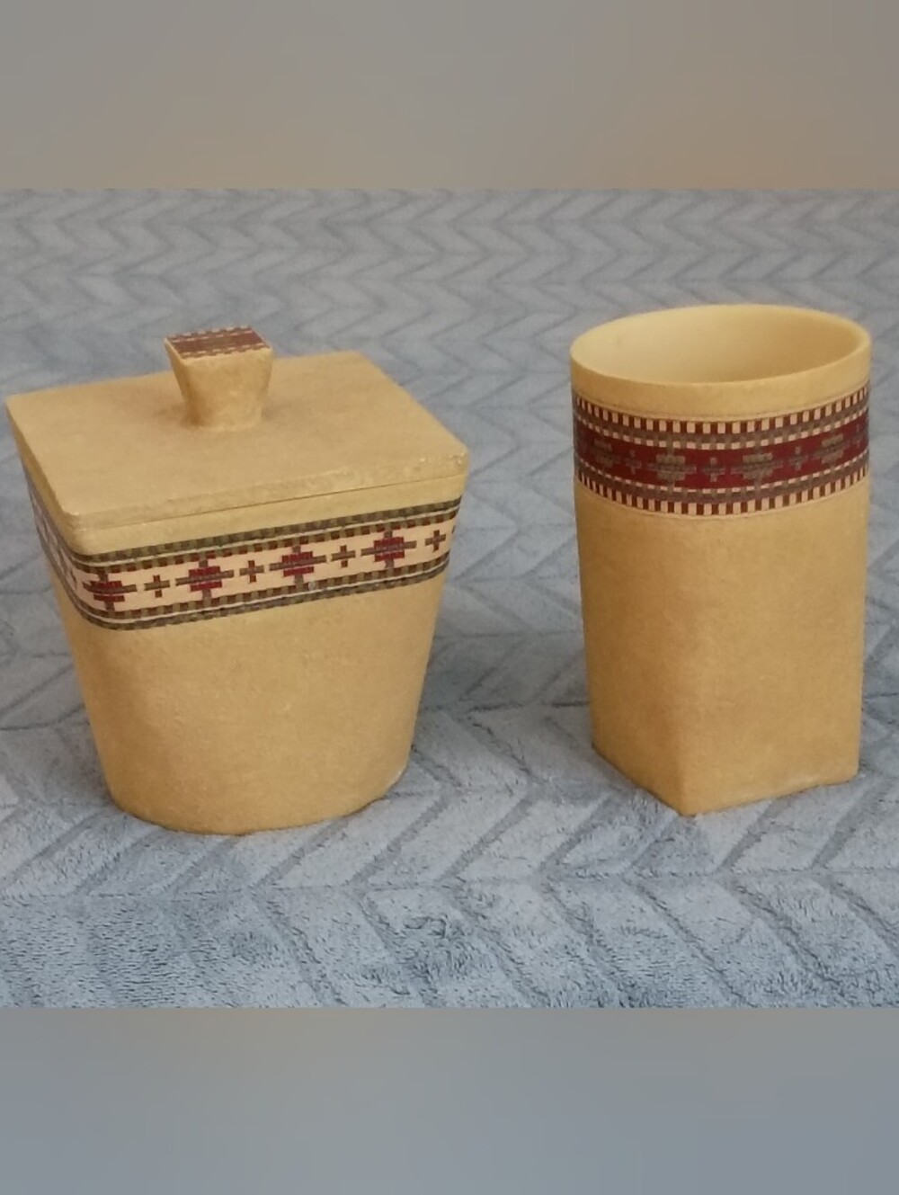 Vintage Croscill Tan Ceramic Jar and Tumbler with Boho Southwest Geometric Trim